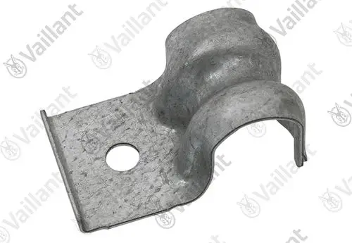 Schraubenhalter aus Metall mit gebogener Halterung und einem runden Loch zur Befestigung. Teil von Vaillant Heizungsinstallationen.